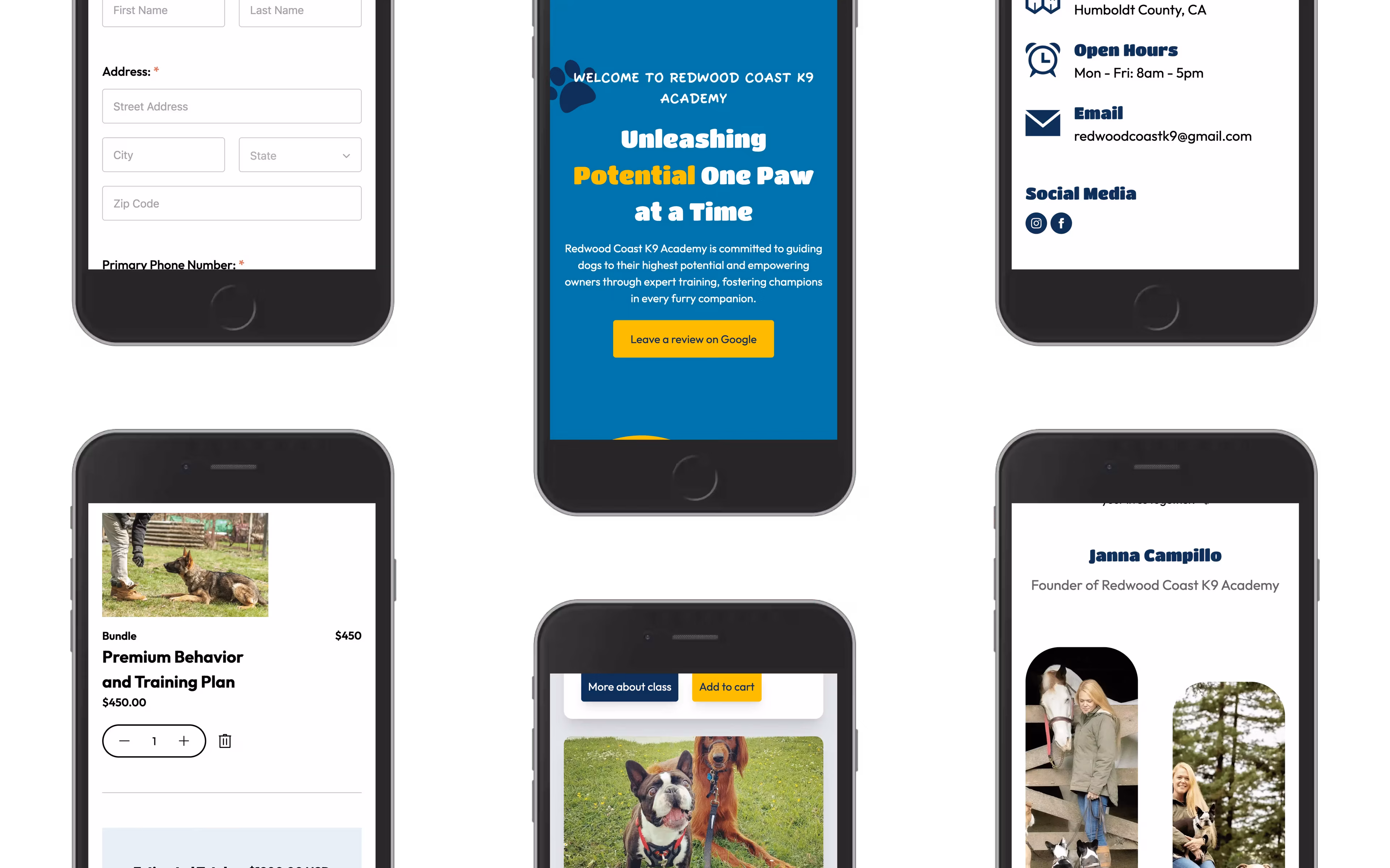 Mobile layouts of the Redwood Coast K9 Academy website, featuring training program details, contact info, class purchase options, founder bio, and a colorful homepage banner emphasizing the academy's mission.