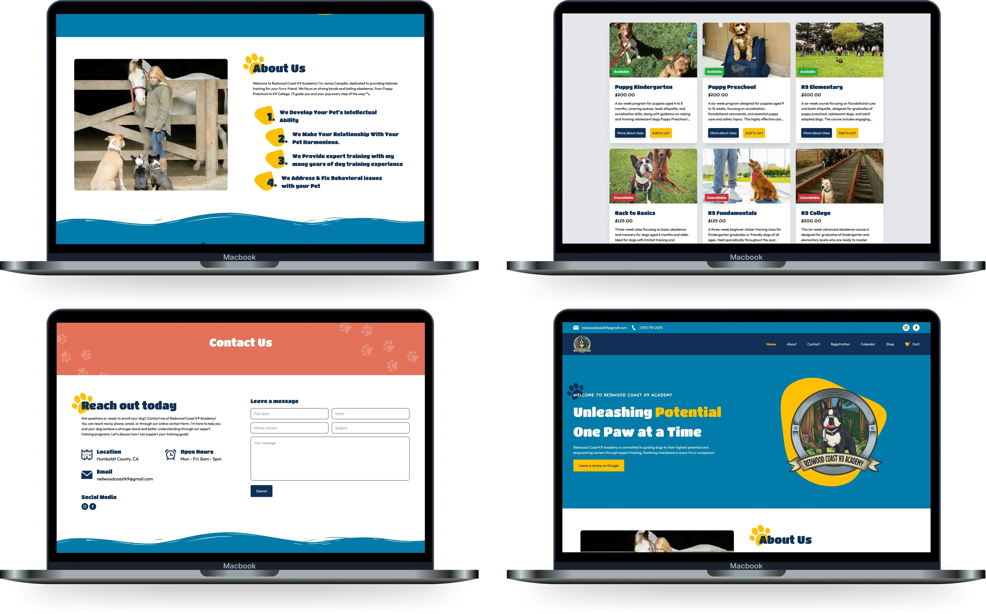 Laptop mockups of Redwood Coast K9 Academy website pages including the homepage, about section, training program listings, and contact form, with a bright and pet-friendly design style emphasizing expert training and behavioral improvement for dogs.