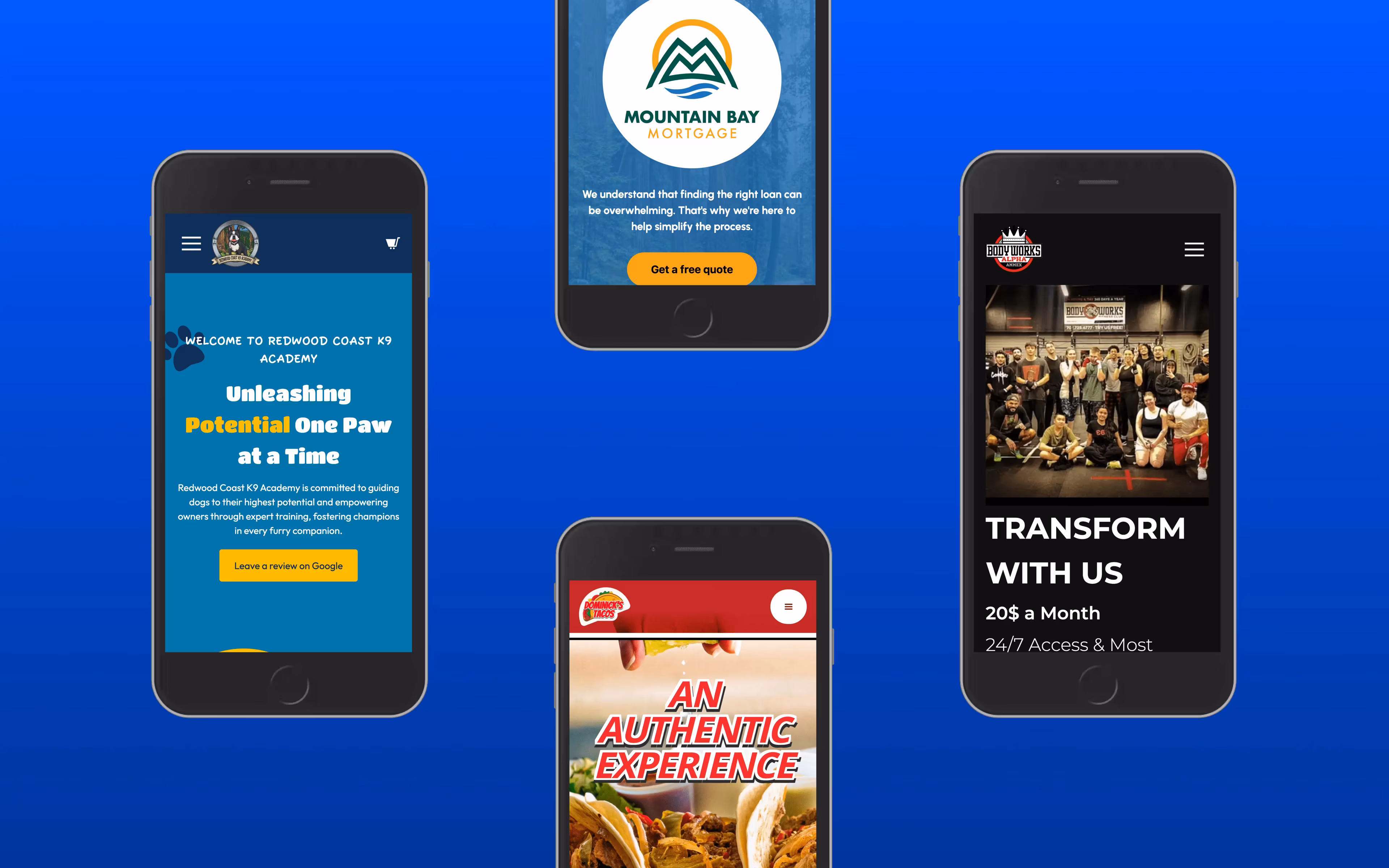 Mobile phone mockups displaying live websites for various businesses including a dog training academy, gym, mortgage service, and restaurant.