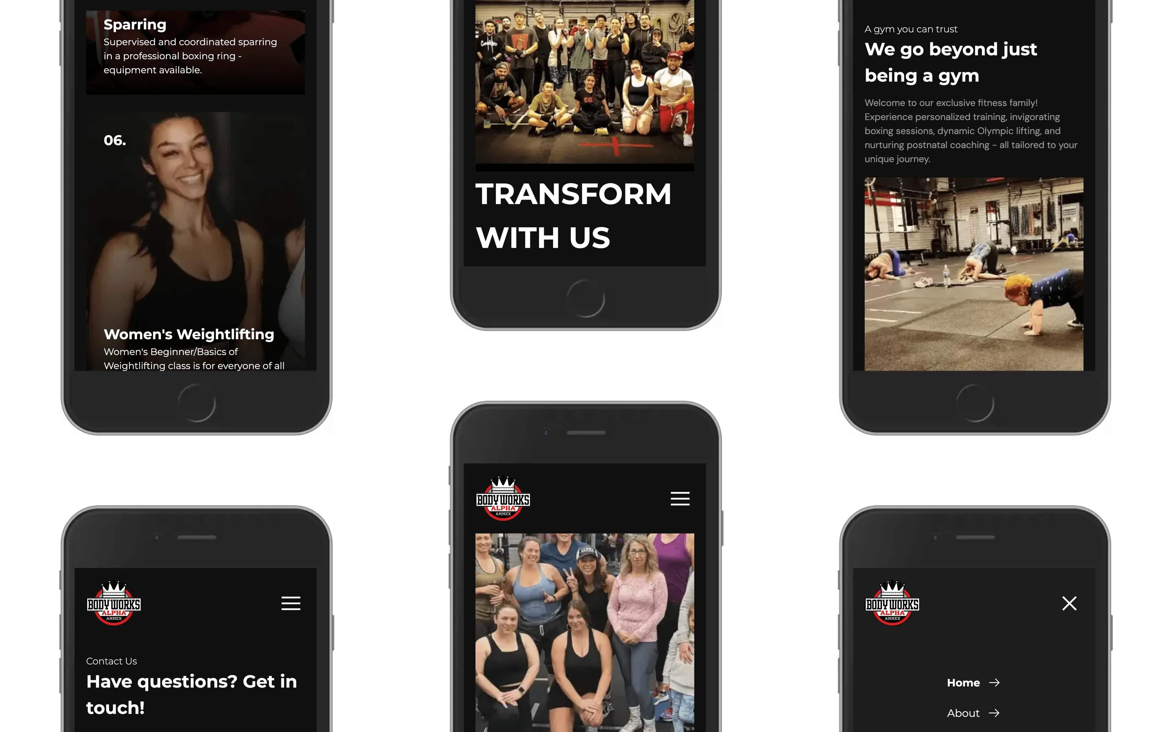 Mobile website mockups for Bodyworks Alpha Annex gym, showcasing sections for sparring classes, women's weightlifting, community group photos, class schedules, and a contact form.