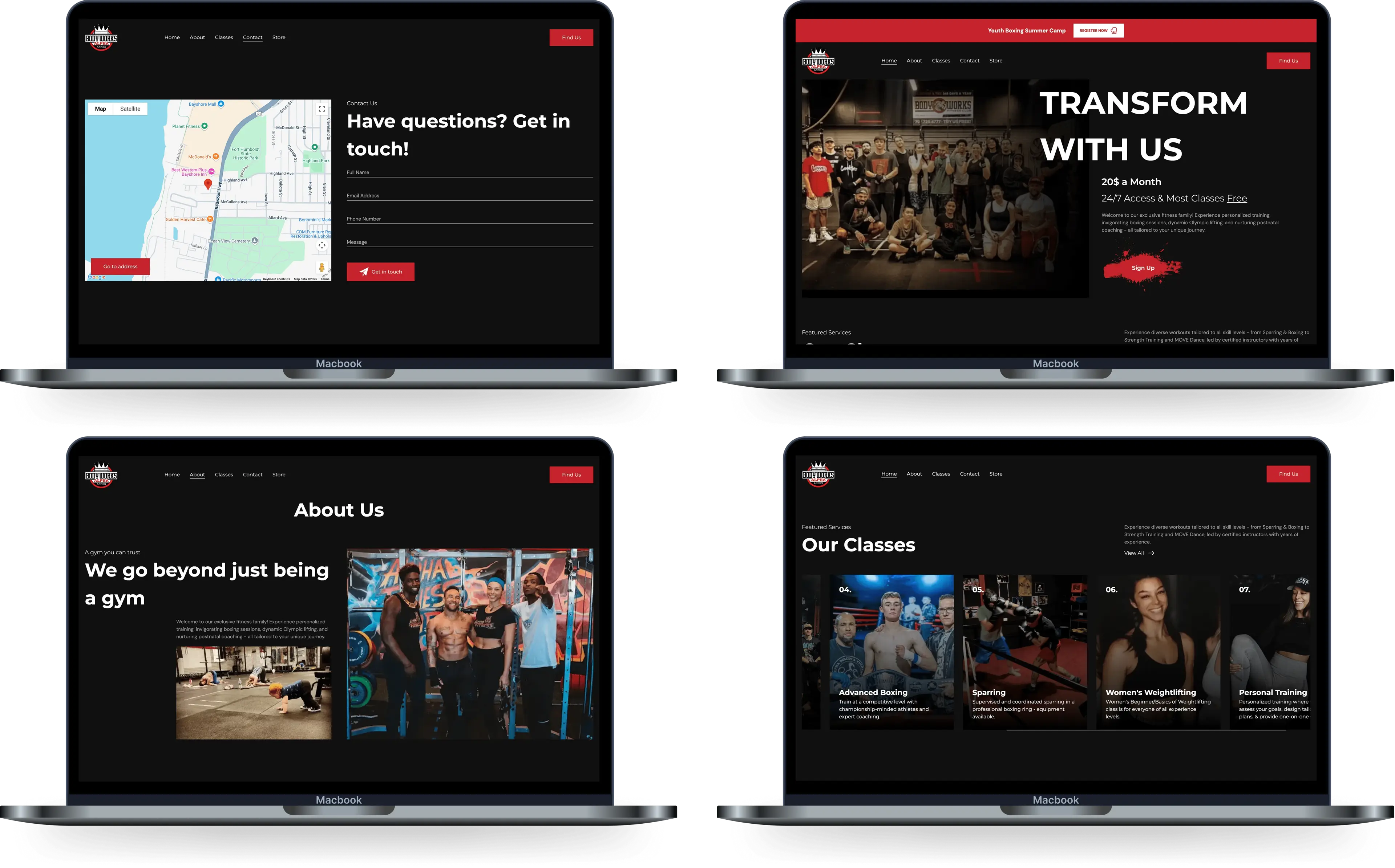 Desktop views of the Bodyworks Alpha Annex website highlighting the homepage, about section, list of gym classes, and a contact page with a map integration.