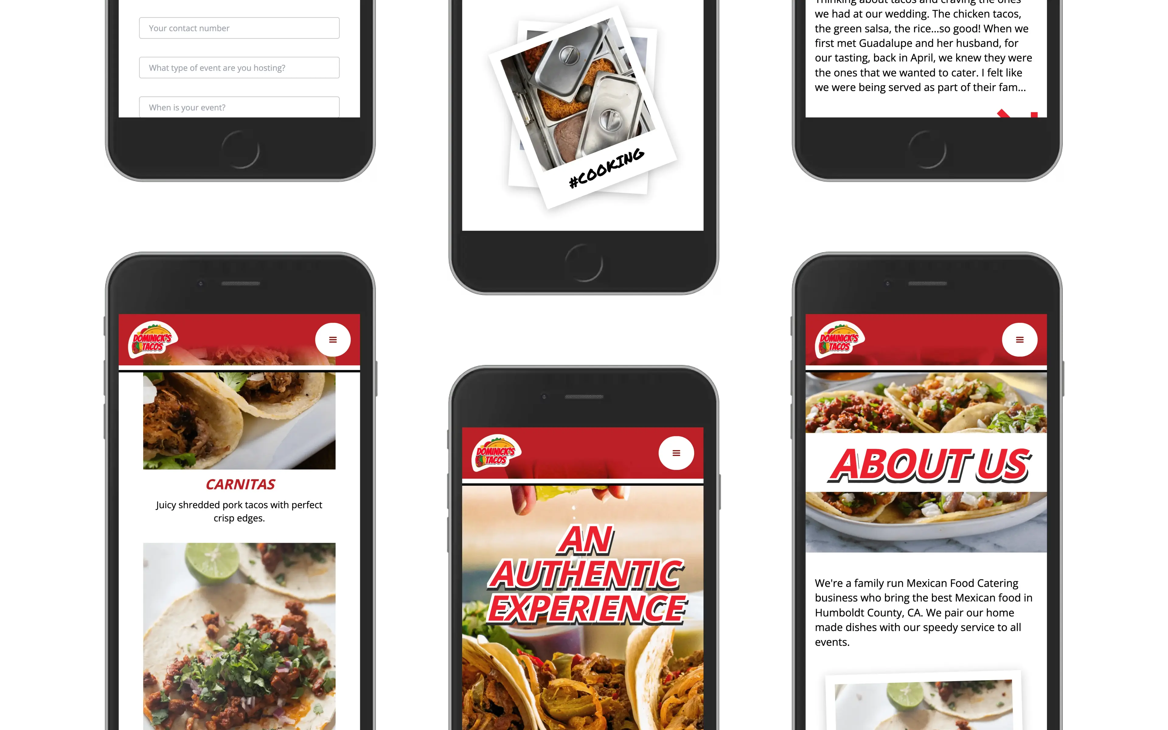 Mobile mockups of Dominick's Tacos website showing taco menu items, about section, event catering form, and vibrant images of Mexican dishes.