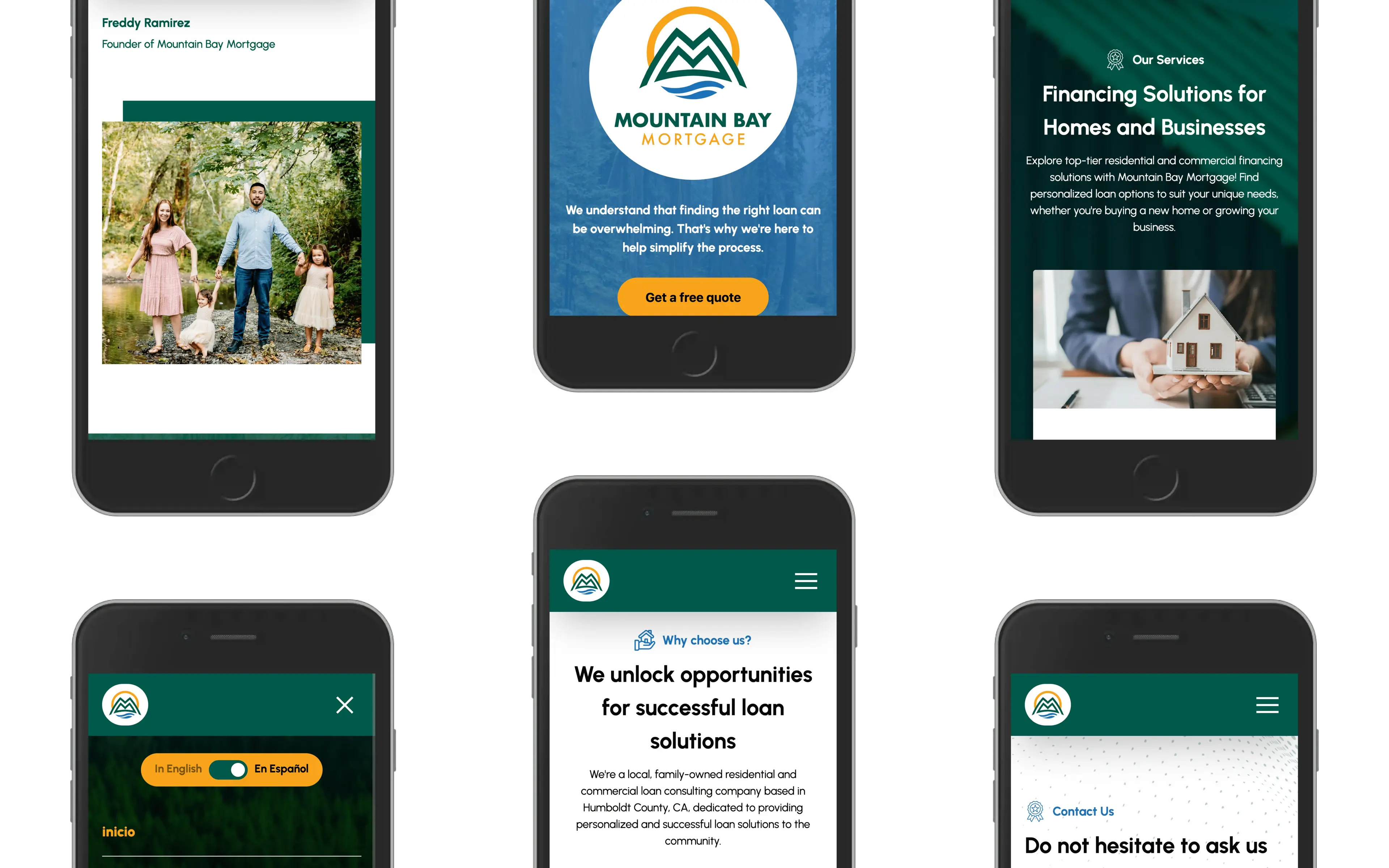 Mobile versions of Mountain Bay Mortgage's website showing bilingual support, founder introduction, services overview, contact form, and mission statement.