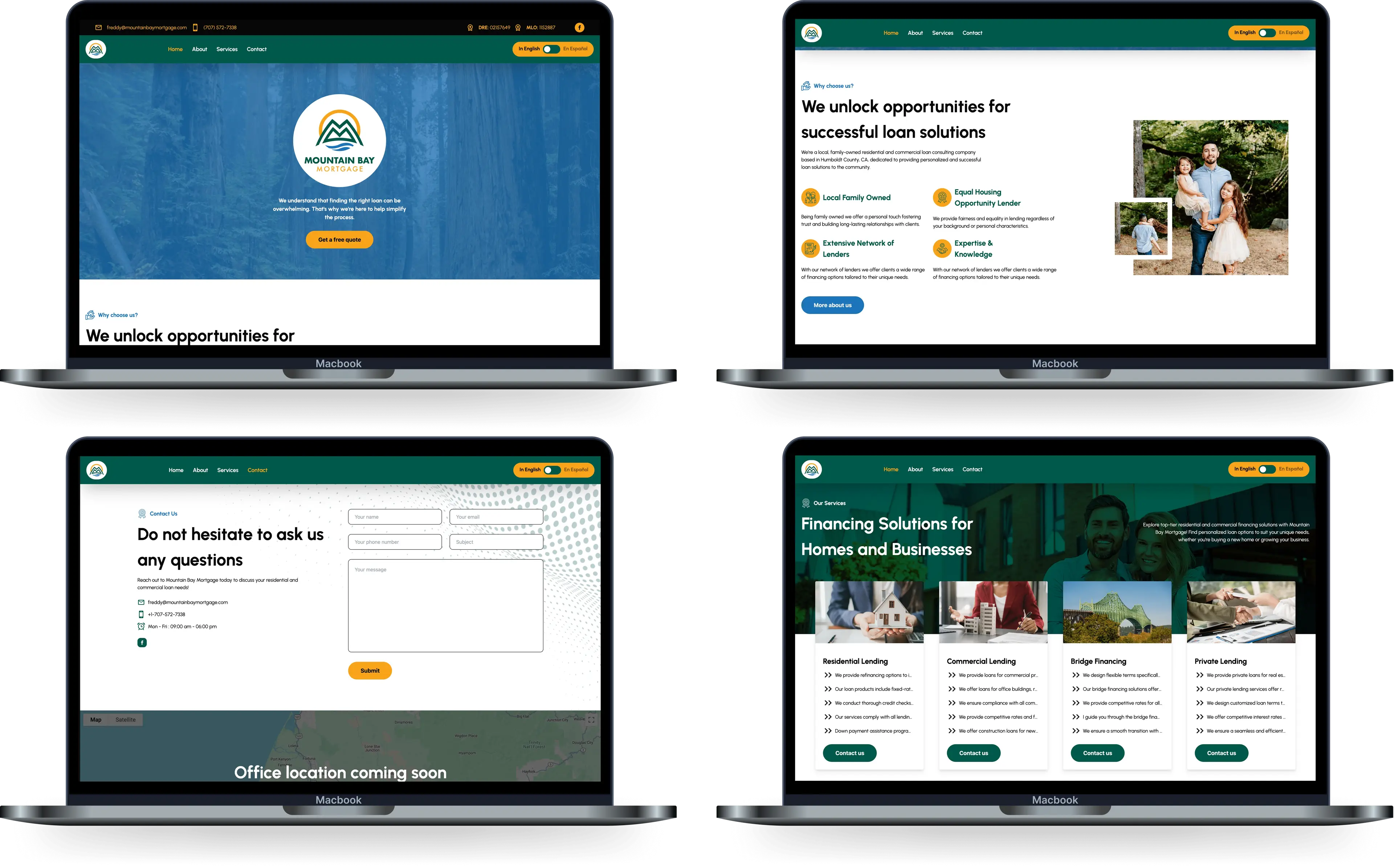 Desktop mockups of Mountain Bay Mortgage website featuring a homepage banner, loan services, contact form, and multilingual toggle interface.