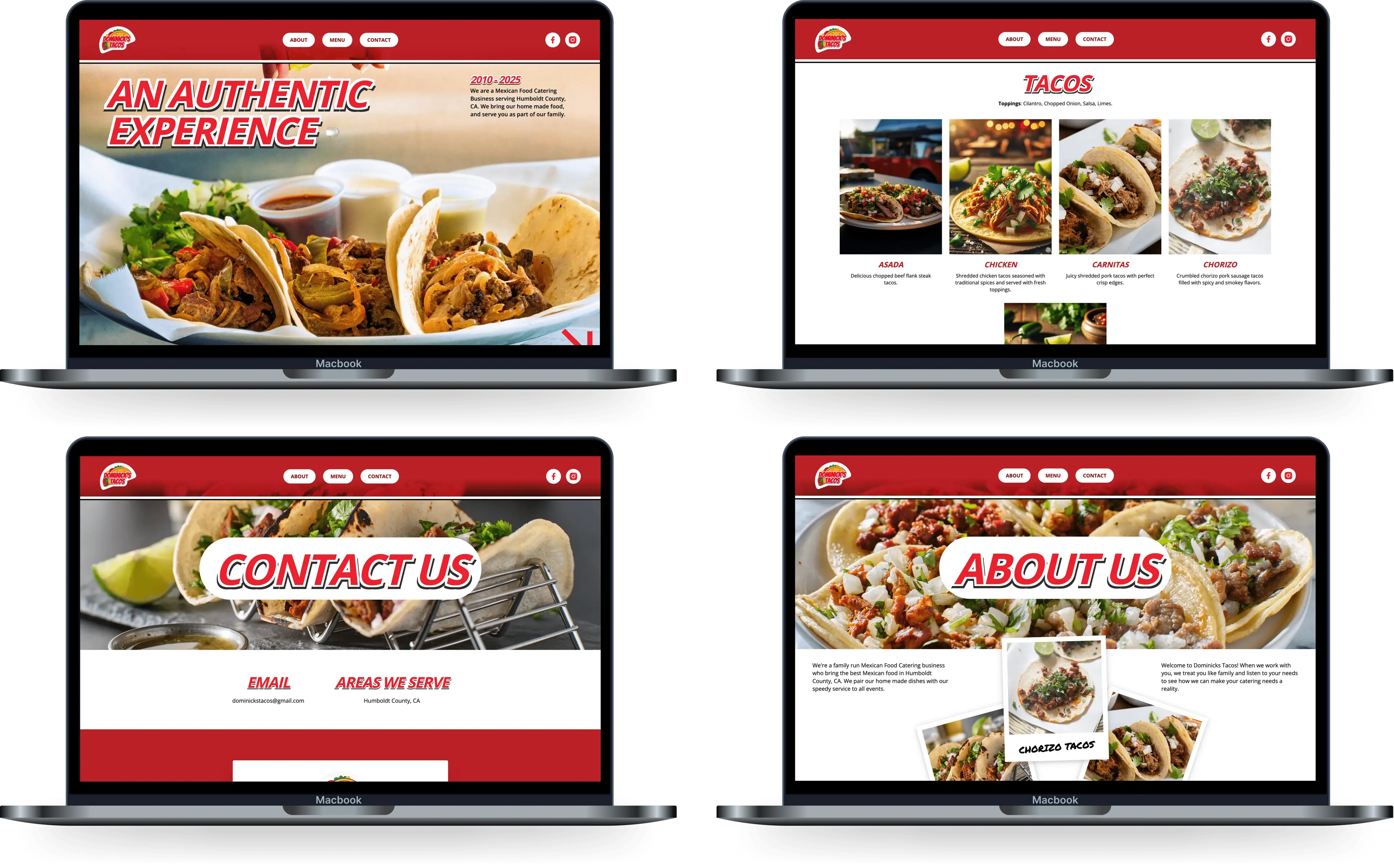Desktop screenshots of Dominick's Tacos website, featuring homepage hero image, taco menu, contact page, and family-run business story with food photography.